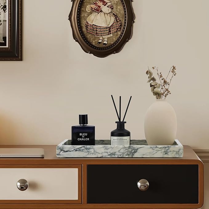 Real Natural Marble Tray for Bathroom, Vanity, Kitchen and Desktop, Rectangle Genuine Marble Stone Tray for Jewelry, Cosmetics, Candles, Lotion, Perfume and Home Decor Cyan Green