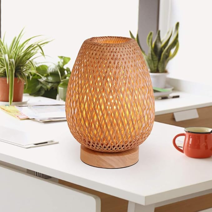 Bamboo Weaving Table Lamp with Handmade Natural Wooden Base, Eye-Caring Bedroom Bedside Night Light, Retro Desk Lamp Reading Light Home Decor, Unique Handicraft House Warmging Gift - Bloomnest