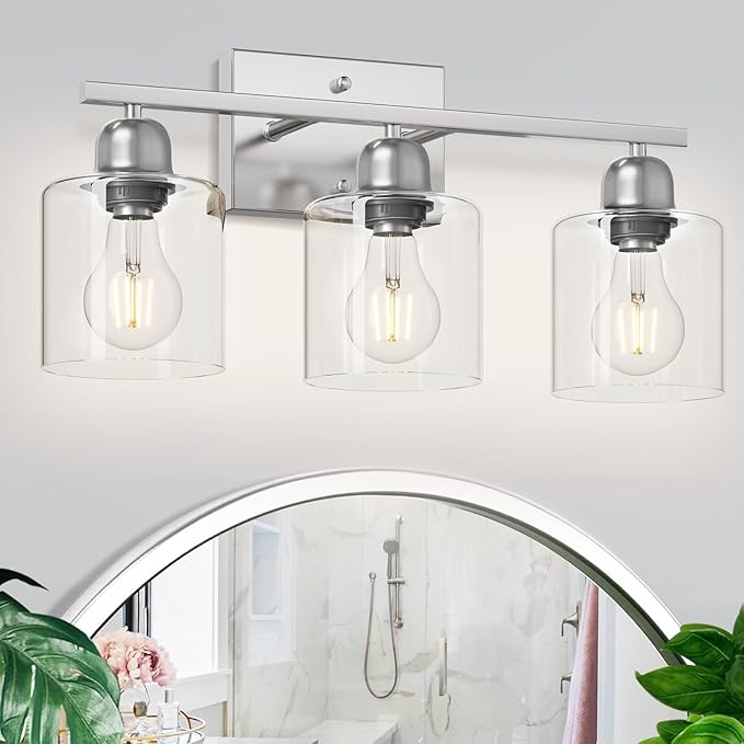 Modern Brushed Nickel 3 Light 19 inch Vanity Lights for Bathroom with Clear Glass, Bathroom Lighting Fixtures Over Mirror for Mirror Kitchen Living Room Hallway Cabinet Porch - Bloomnest