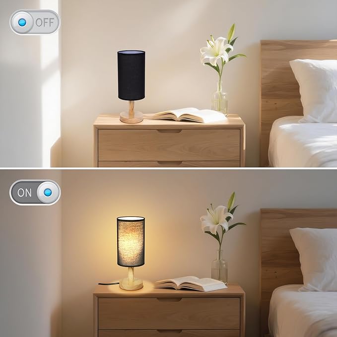 Black Small Bedside Table Lamp for Bedroom,Natural Round Wood Base&Fabric Linen Shade,Cozy Night Table Light for Study Reading,Minimalist Boho Desk Lamp for Nightstand,Living Room,Nursery,Kitchen,Dorm - Bloomnest