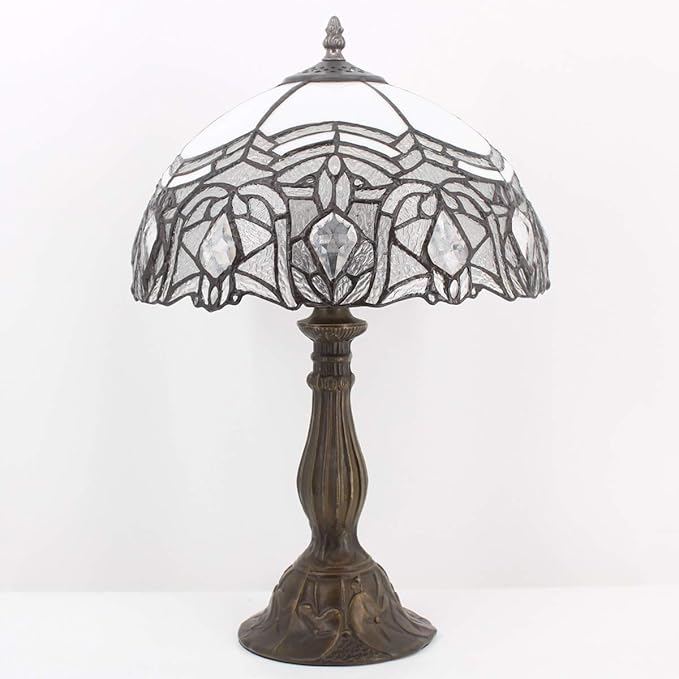 WERFACTORY Tiffany Lamp White Bent Stained Glass Bedside Table Lamp Desk Reading Light 12X12X18 Inches Decor Bedroom Living Room Home Office S508W Series - Bloomnest