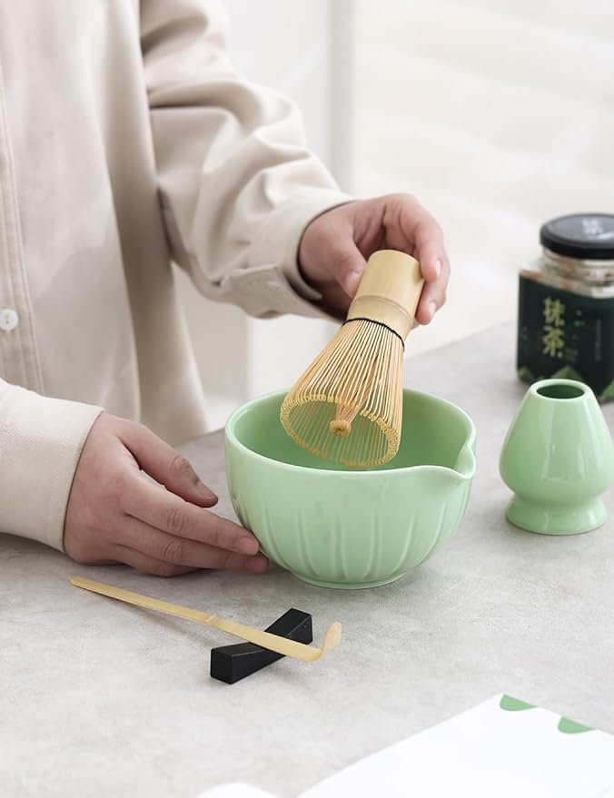 TANG PIN Matcha Set - Match Bowl with Spout and Whisk, 15 OZ, Matcha Scoop | Matcha Whisk Stand (Chasen Holder) - 4pc Perfect Matcha Kit for Matcha Tea Ceremony (Green) - Bloomnest