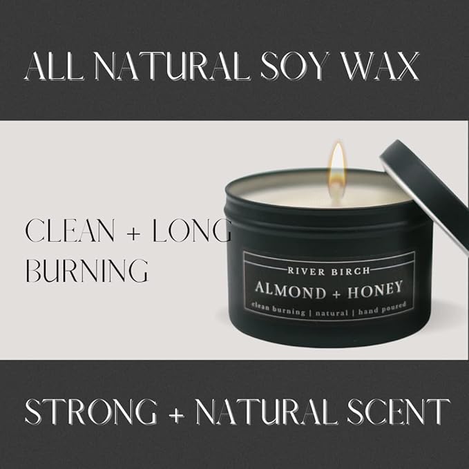 River Birch Candles Almond + Honey Scented Candle | Premium, All-Natural, Non-Toxic, Soy Candles | 8 oz. Black Matte Tin Travel Candle | Cozy Relaxing Gifts for Home - Bloomnest