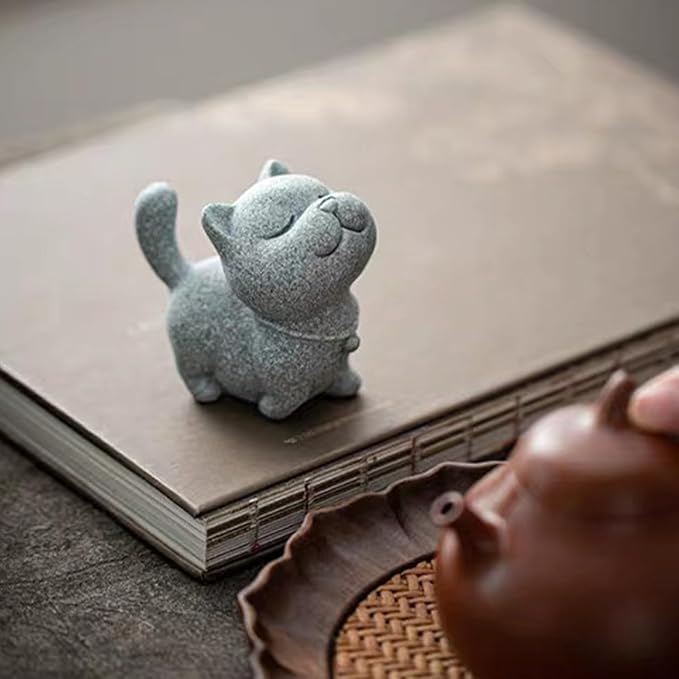 Exquisite Sandstone Warrior Cat Incense Holder (2.16”*2.36”) with Free Fishing Rod and Fish, Plus Bamboo Mat Cushion (7.28”*3.34”) (Sassy Cat) - Bloomnest