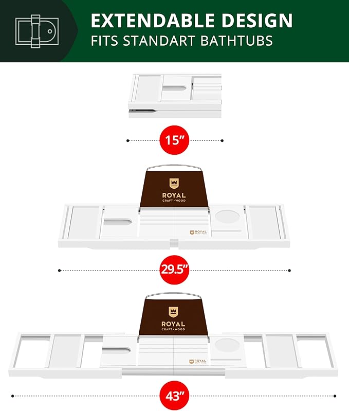 ROYAL CRAFT WOOD Premium Foldable Bathtub Tray - Wood Bath Tray for Tub, Bamboo Shelf, Expandable Bath Table Trays, Bathtub & Bathroom Accessories for New Home & Mothers Day & Birthday Gifts for Mom - Bloomnest