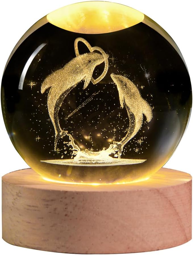 3D Laser Engraved Dolphin Crystal Ball, Romantic Dolphin & Heart LED Night Light, 60mm Sea Animal Figurines Decor Glass Sphere Lamp Gifts for Women Kids Mom - Bloomnest