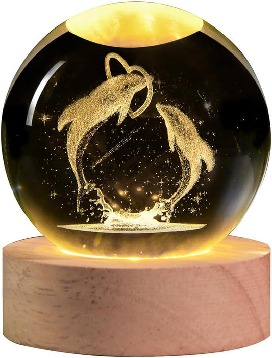 3D Laser Engraved Dolphin Crystal Ball, Romantic Dolphin & Heart LED Night Light, 60mm Sea Animal Figurines Decor Glass Sphere Lamp Gifts for Women Kids Mom - Bloomnest