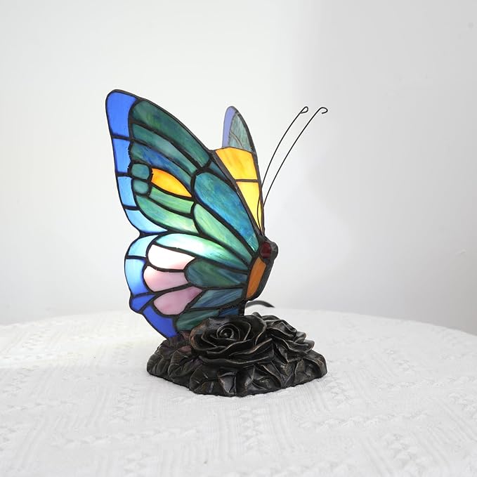 Small Teal and Green Tiffany Style Butterfly Table Lamp for Girls Gift Cute Fun Bedside Desk Lamps Stained Glass Lamp Colorful Vintage Art Unique Bedroom Nightstand Decor Accent Night Light Rose Base - Bloomnest
