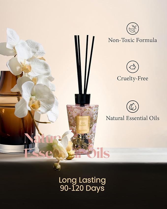M&SENSE Rose Amber Reed Diffuser Set - 8.79fl oz Home Fragrance Non-Toxic Essential Oil Diffuser with All Natural Sticks, Air Freshner Gifts for Bathroom Bedroom Office Home Decor MSENSE