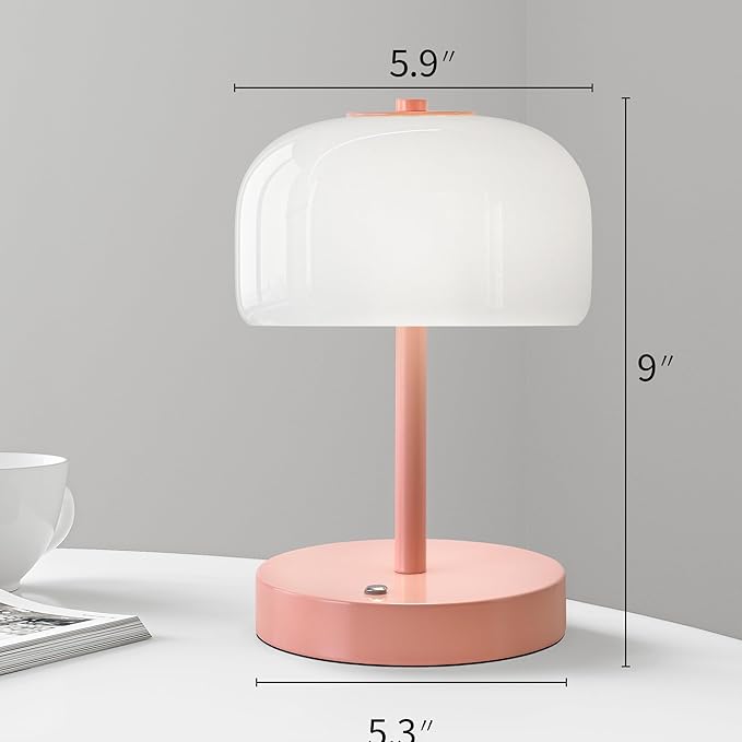 Oneach Portable Cordless Table Lamp, Rechargeable Battery Powered Lamp with Opal Glass Shade, 3-Way Dimmable LED Touch Mushroom Table Lamp for Bedroom, Bedside, Living Room, Dining Room, Patio, Pink - Bloomnest