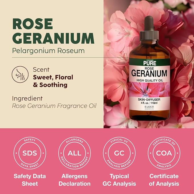 KUKKA Rose Geranium Essential Oils - 4 Fl Oz - for Hair, Skin, Diffuser, Aromatherapy & DIY Soap Making Scent - Bloomnest