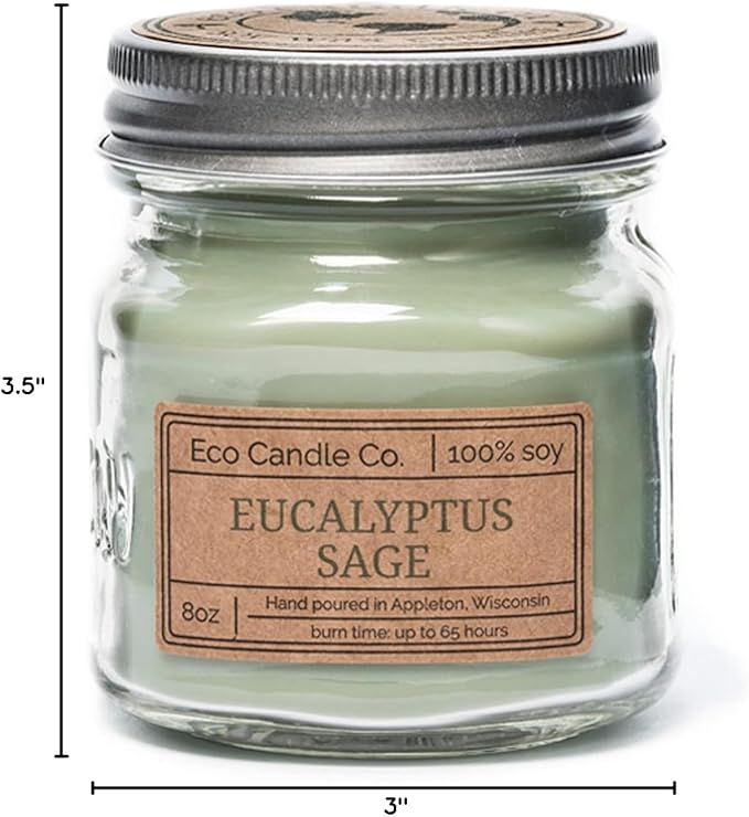 ECO CANDLE CO. Mason Jar Candle, Eucalyptus Sage, 8 oz. - Scents of Eucalyptus, Sandalwood, Rosemary, & Sage - 100% Soy Wax, No Lead, Kraft Label & Antiqued Pewter Lid, Hand Poured, Midwest Soybeans - Bloomnest
