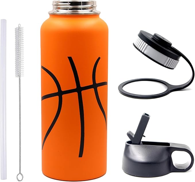 40 oz Basketball Water Bottle, Wide Mouth Sports Flask Metal Travel Tumbler with 2 Lids, Stainless Steel Double Wall Vacuum Insulated Thermo Water Jug, Basketball Accessories Gifts for Boys Girls - Bloomnest