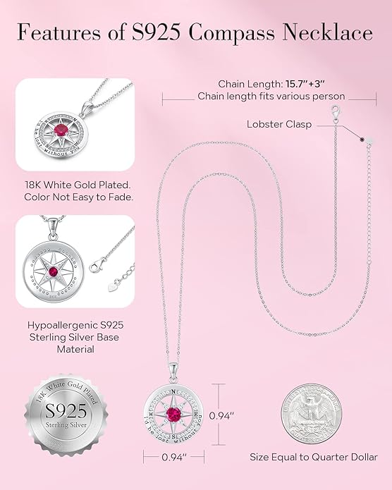 S925 Necklace Gift for Wife |Compass Jewelry |Women Anniversary |Sterling Silver |Girlfriend Birthday Gifts for Her Valentines |I'd be Lost without You |Jewel 18K Gold - Bloomnest