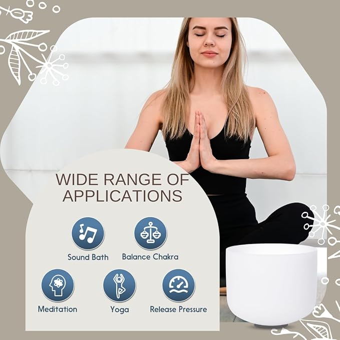 White F Note Heart Chakra 10 inch Quartz Crystal Singing Bowl, for Healing Mindfulness Meditation Yoga Sound Baths, with Case Rubber Mallet