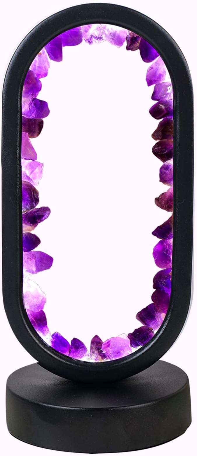 Runyangshi Crystal Lamp Amethyst Raw Stone Ellipse Night Lamp Natural Healing Crystal Night Light Table Lamp Base USB Port 3 Colours Mode for Bedroom Bedside Lamp Office Home Decor Gift - Bloomnest
