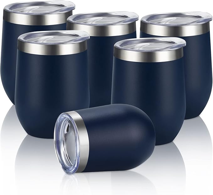 6 Pack Stainless Steel Wine Tumblers, 12Oz Insulated Wine Tumbler, Double Wall Insulated Wine Glass, Stainless Steel Stemless Wine Cups with Lids for Coffee, Wine, Cocktails, Champaign, Navy Blue - Bloomnest