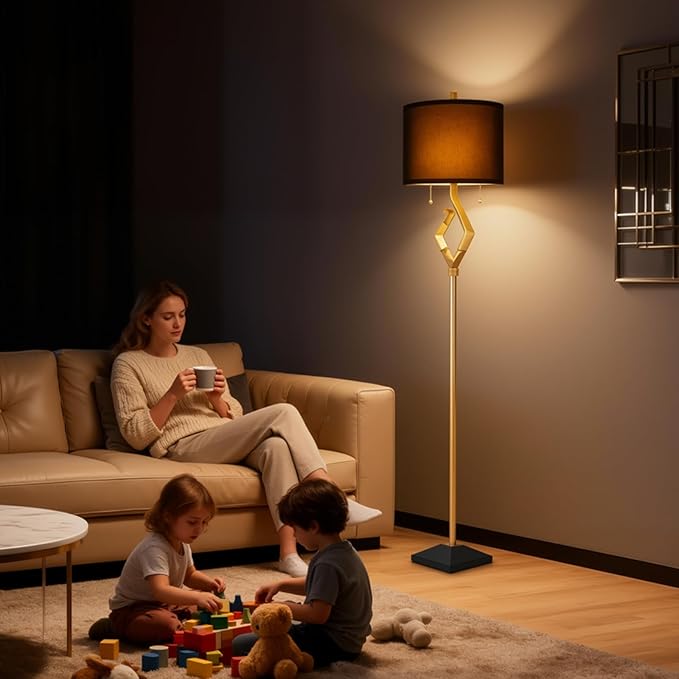 Sculptural Floor Lamp for Living Room Bedroom, 64.5” Pull Chains Standing Lamp, Gold Leaf Finish & Black Faux Silk Lamp Shade, Lighting Brightness Adjustable Lamp with Bulb Prefer for Home Decor - Bloomnest