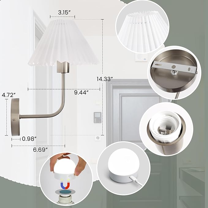 Wireless Wall Sconce Sets of 2, Pleated Shades Rechargeable Battery Operated Wall Sconce, Retro Industrial Brushed Nickel Bathroom Vanity Lights, Wall Mounted Lamps for Bedroom Living Room Hallway - Bloomnest