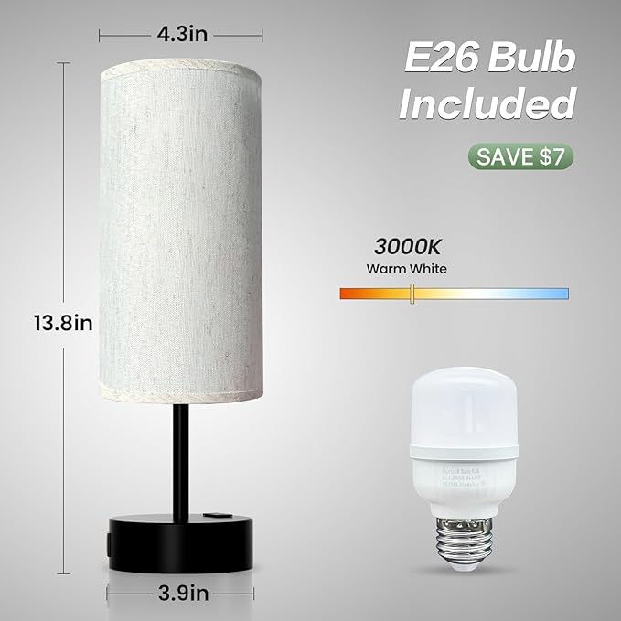 KPQ Small Bedside Lamp Touch Control Table Lamp with USB A+C Charging Ports & AC Outlet 3-Way Dimmable Nightstand Lamp with Linen Fabric Shade for Bedroom Living Room - Bloomnest