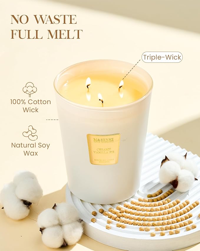 M&SENSE Extra Large Candle Creamy Vanilla Scented, 3-Wick 35oz 150H Long Lasting, Natural Soy Wax Aromatherapy Candle for Stress Relief, Home Fragrance Fall Winter Christmas Thanksgiving Gifts - Bloomnest