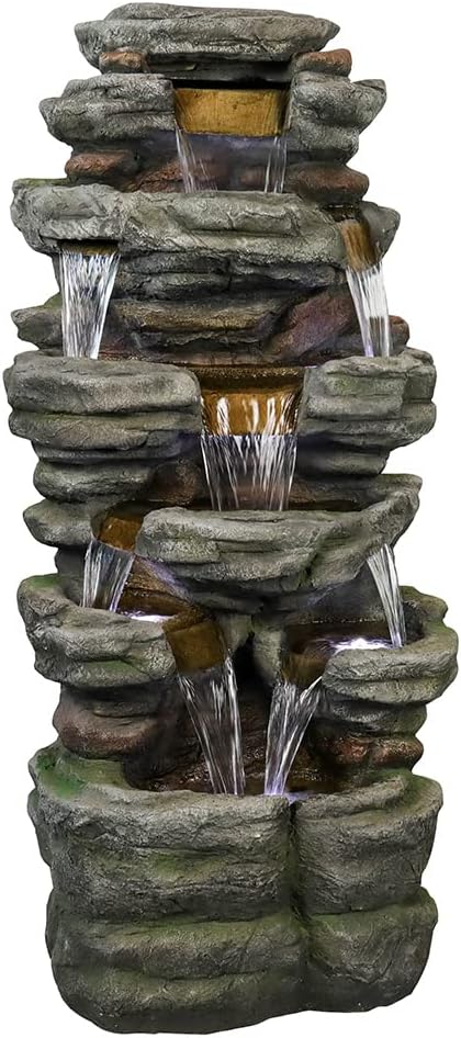 Naturefalls 47.2inches Outdoor Rockery Water Fountain with Led Lights - Poly-Resin Rock Cascading Water Fountains - Relaxation Water Features for Patio, Yard, Deck, Garden Decor - Bloomnest