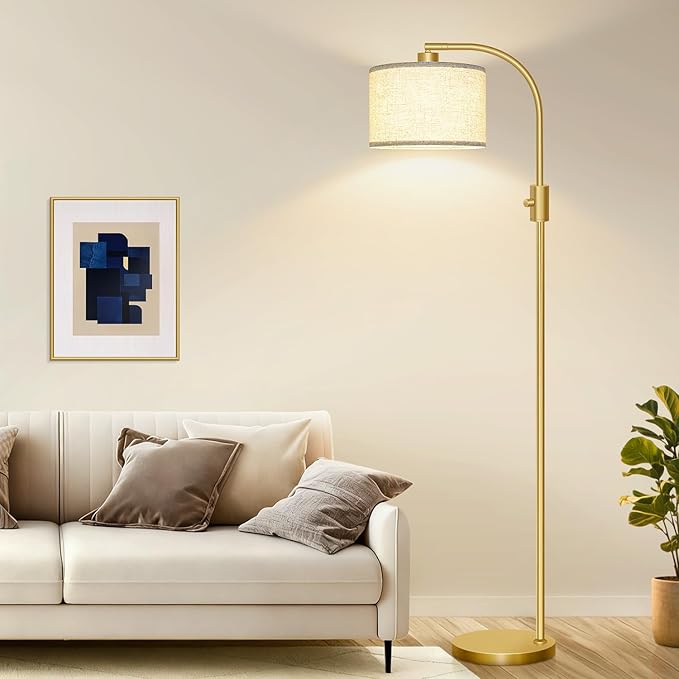 【Upgraded】 Dimmable Gold Floor Lamp, 1200 Lumens LED Bulb Included, Arc Floor Lamps for Living Room Modern Standing Lamp with Linen Shade, Tall Lamp for Living Room Bedroom Office Reading Room Nursery - Bloomnest