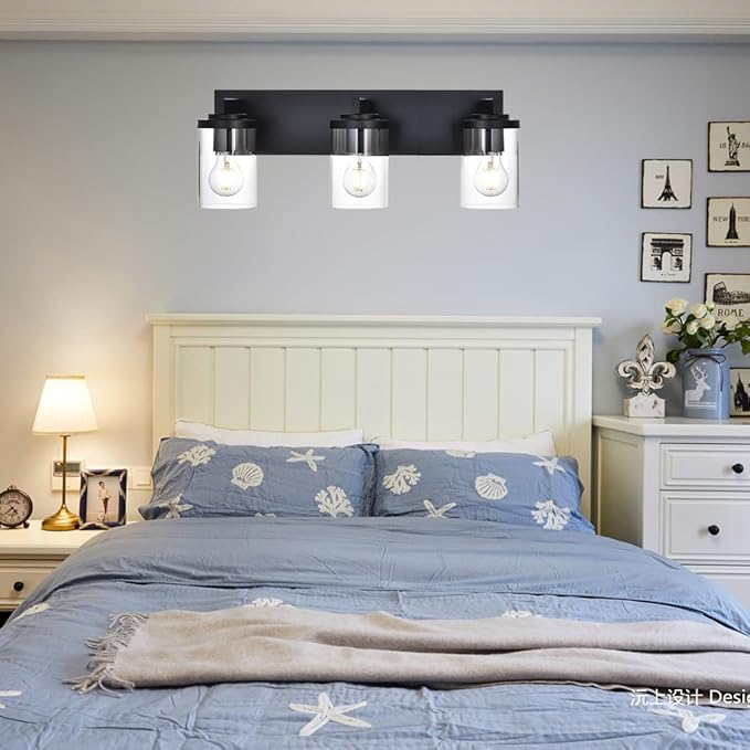 BONLICHT Modern 3-Light Vanity Light Fixture Black Bathroom Wall Light Over Mirror with Clear Glass Shade, Rustic Vintage Wall Sconce Lighting Farmhouse Wall Mounted Lamp for Powder Room Hallway - Bloomnest
