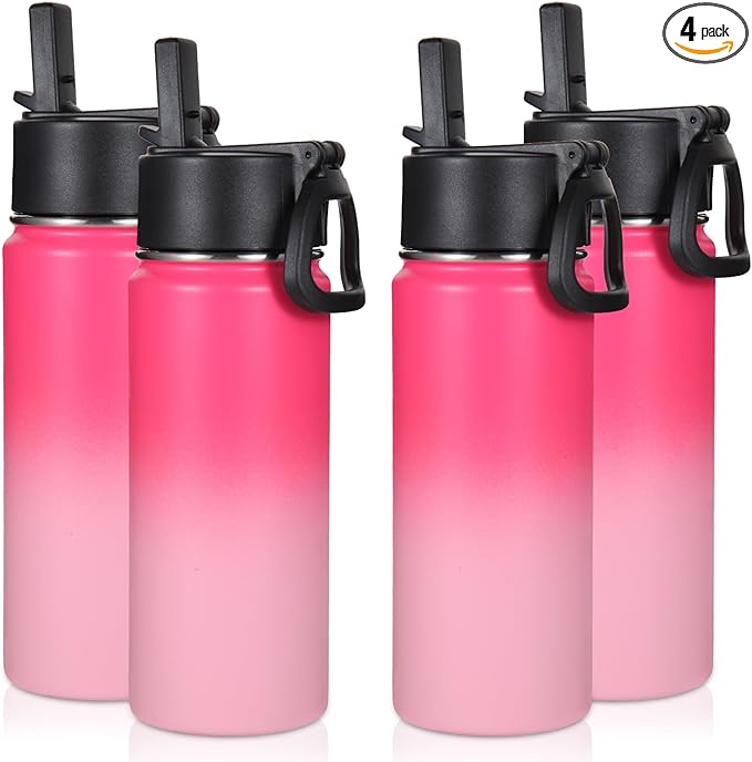 Volhoply 16 OZ Kids Water Bottle Bulk 4 Pack,Insulated Sports Bottles with Straw Lid,Stainless Steel Bottle with Handle Keep Cold & Hot,Double Wall Vacuum Cups for School,Girls(Peach, 4) - Bloomnest