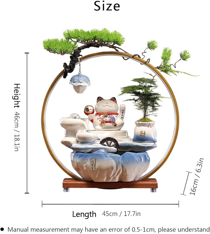 Indoor Tabletop Waterfall Fountain with Chinese Ceramic Lucky Cat Waving Arm Figurine，Desktop Mini Water Fountain Decoration，LED Light Ring Backflow Incense Burner for Desk - Bloomnest