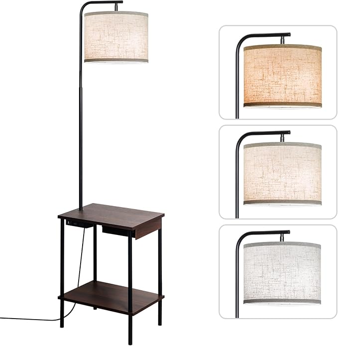 Floor Lamp with Table & Drawers, End Table Lamp with USB Charging Portt Power Outlet and Shelves, Side Table Reading Light with 3 Color Temperature Led Bulb Included for Living Room, Walnut - Bloomnest