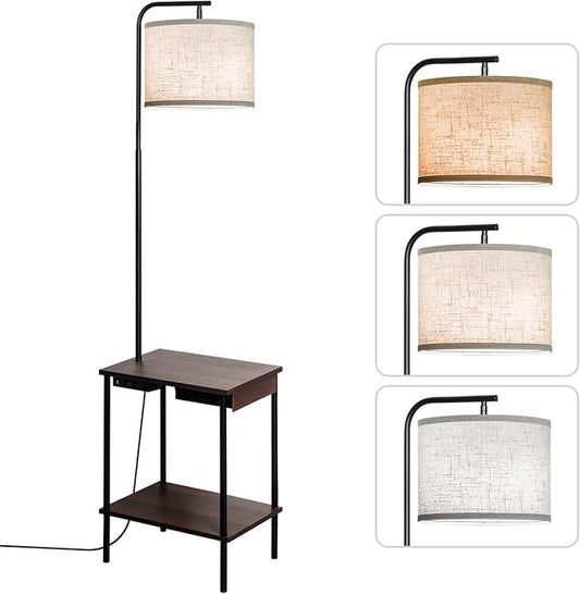 Floor Lamp with Table & Drawers, End Table Lamp with USB Charging Portt Power Outlet and Shelves, Side Table Reading Light with 3 Color Temperature Led Bulb Included for Living Room, Walnut - Bloomnest