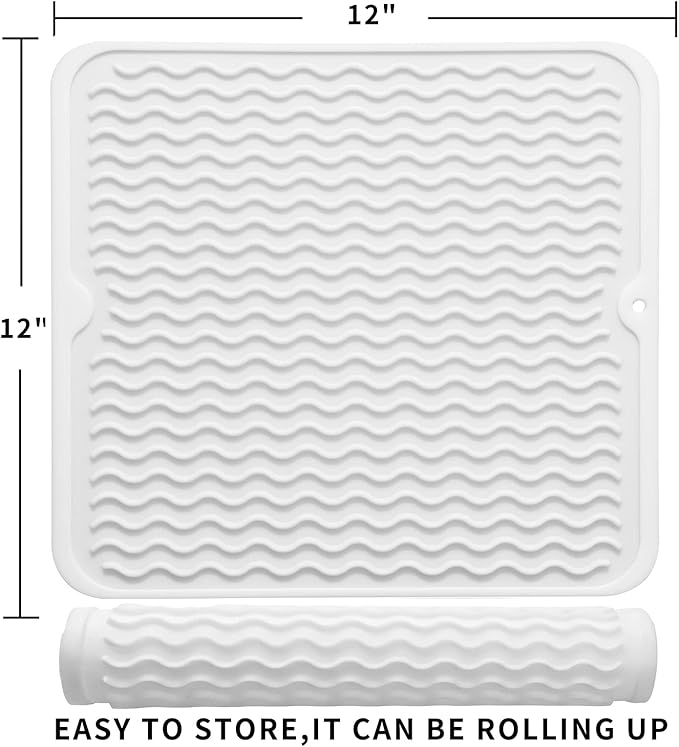 Silicone Dish Drying Mat for Multiple Usage,Easy clean,Eco-friendly,Heat-resistant Silicone Mat for Kitchen Counter or Sink,Refrigerator or Drawer liner White M 12 inches x 12 inches - Bloomnest