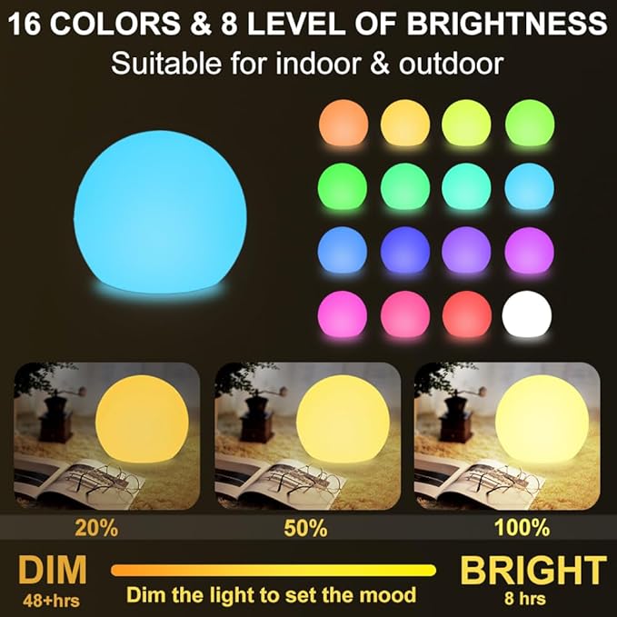 LED Globe Orb Light, 6-in LED Light Ball for Kid, 16 Dimmable Colors & 4 Modes Light Up Ball Mood Lamp w/Remote, Rechargeable Orb Night Lights Waterproof Outdoor Globe Lights for Home/Nursery/Party - Bloomnest