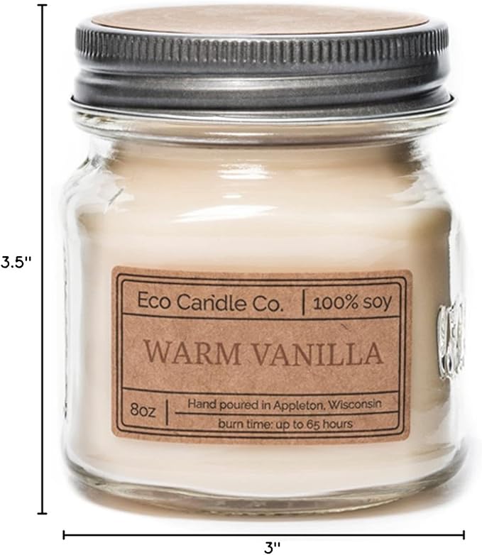 ECO CANDLE CO. Mason Jar Candle, Warm Vanilla, 8 oz. - Scents of Rich Vanilla - 100% Soy Wax, No Lead, Kraft Label & Antiqued Pewter Lid, Hand Poured, Phthalate Free, Made from Midwest Grown Soybeans - Bloomnest