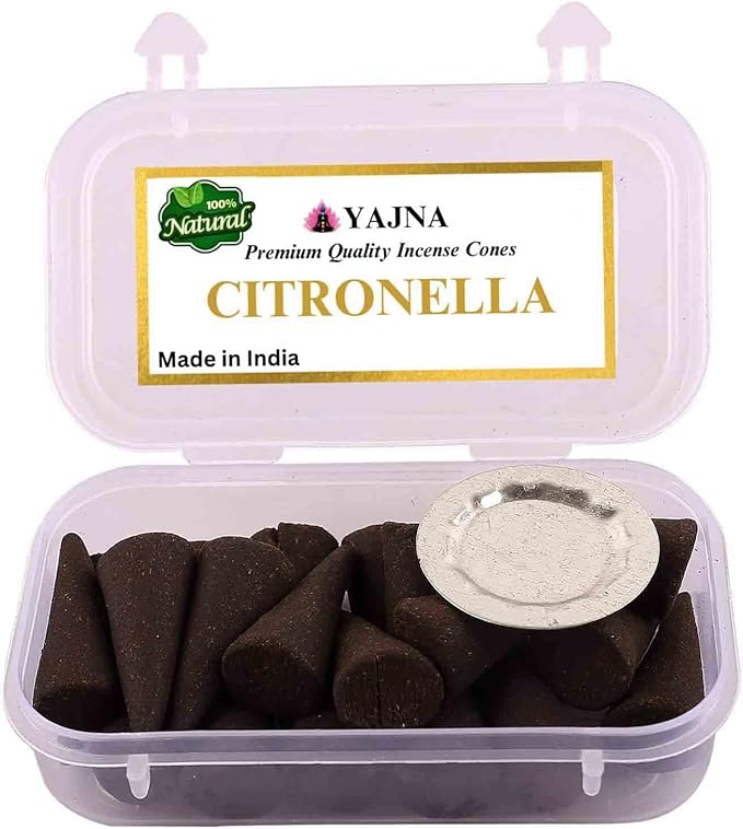 Yajna Citronella 100%-Natural-Incense-Cones Handmade-Hand-Dipped Organic-Chemicals-Free for-Purification-Relaxation-Positivity-Yoga-Meditation The-Best-scents (60 Count) Yajna