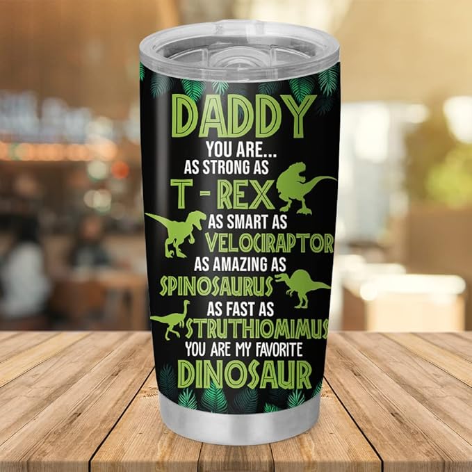 Custom Dinosaur Dad Fathehood Personalized Tumbler Cup Father's Day Gift, Gift For Dad, Father, Papa, Grandpa 20oz Insulated Coffee/Tea Tumbler with Lid - Bloomnest