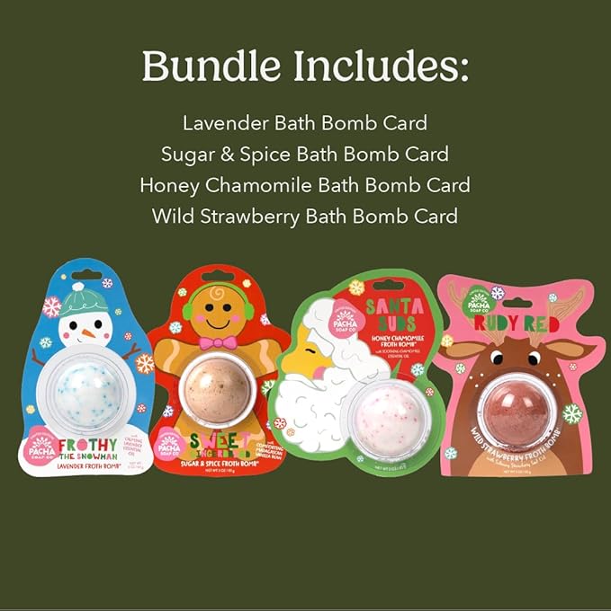 PACHA SOAP Co. Holiday Bath Bomb Card 4 Pack, Variety - Scents of Chamomile, Lavender, Strawberry, & Spice - Moisturizing, Naturally Derived & Handcrafted in The USA - Bloomnest