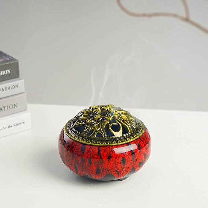 Incense Burner with Calabash Incense Stick Holder - Porcelain Charcoal Censer for Use with Resin Granular Powder Cone or Coil Incense (Kiln-Colored Red) - Bloomnest