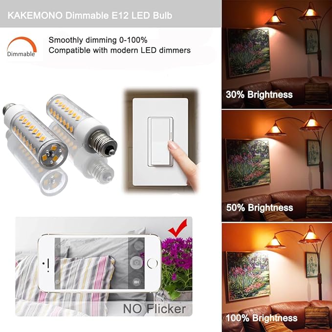 KAKEMONO E12 Dimmable LED Candelabra Bulb 6W 600lm C7 Light Bulb, 60W E12 Halogen Equivalent,2700K Warm White T6 120V for Ceiling Fan Chandelier Salt Lamp,Pack of 8 - Bloomnest