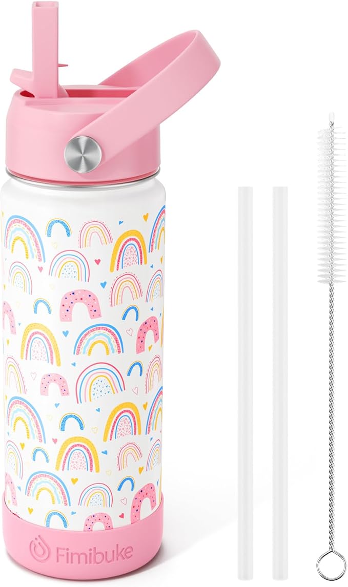 Fimibuke Kids Insulated Water Bottle, 18oz BPA FREE 18/8 Stainless Steel Kids Cup with Straw Travel Tumbler Double Wall Vacuum Leak Proof Toddler Water Bottle for School Boys Girls(1 Pack, Rainbow) - Bloomnest