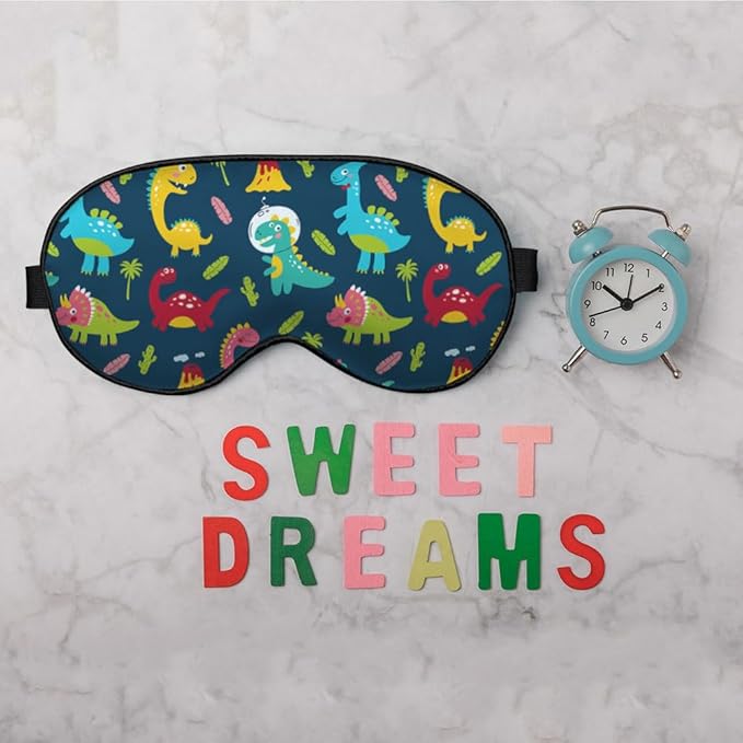 Cute Dinosaurs Sleep Eye Mask Children Print Palm Tree Animal Green Blue Red Silk Eye Mask Sleeping Soft Eye Shade Cover for Men Boy Girl Airplane Travel with Elastic Strap - Bloomnest
