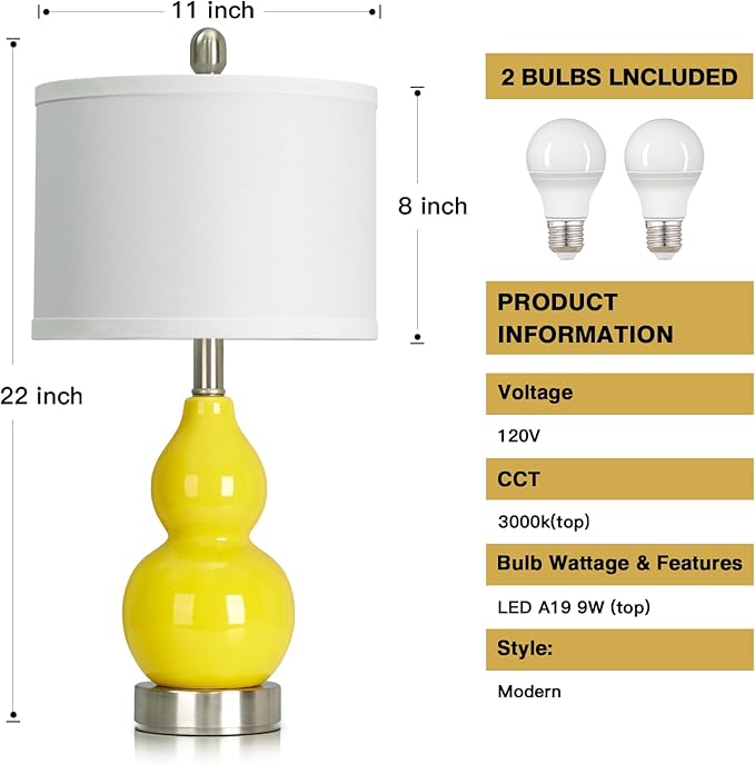 Double Gourd Ceramic Table Lamps Set of 2, Yellow Modern Bedside Lamps for Living Room, Contemporary Nightstand Desk Lamps for Bedroom End Table Home Office Decor(2 LED Bulbs Included) - Bloomnest