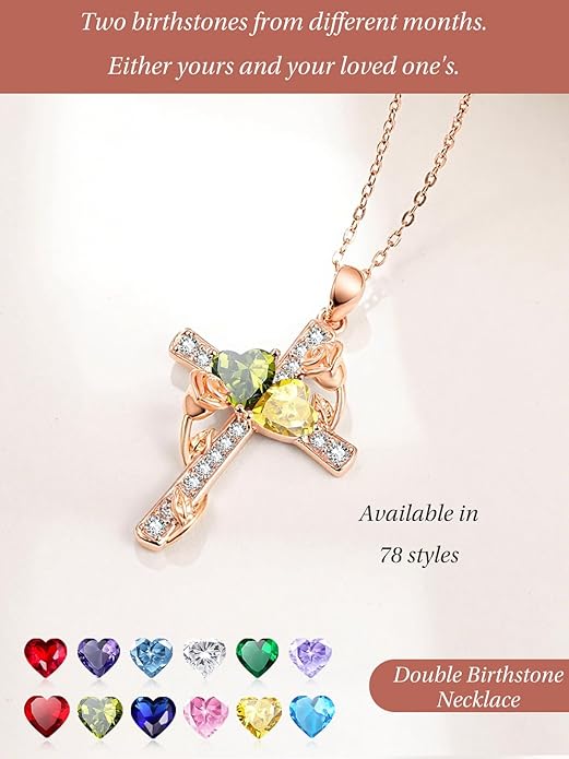 Rose Gold Dual Birthstones Cross Necklace for Women Rose Flower Jewelry Anniversary Christmas Mother's Valentine's Day Birthday Gift for Wife Girlfriend Mom - Bloomnest