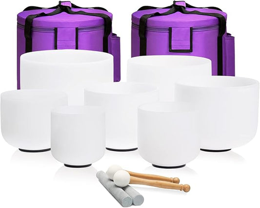 CVNC 432HZ 7-12 Inch Set Of 7 Pcs Frosted Quartz Crystal Singing Bowls with 2 Pcs Carrying Case bag Sound Healing Meditation - Bloomnest