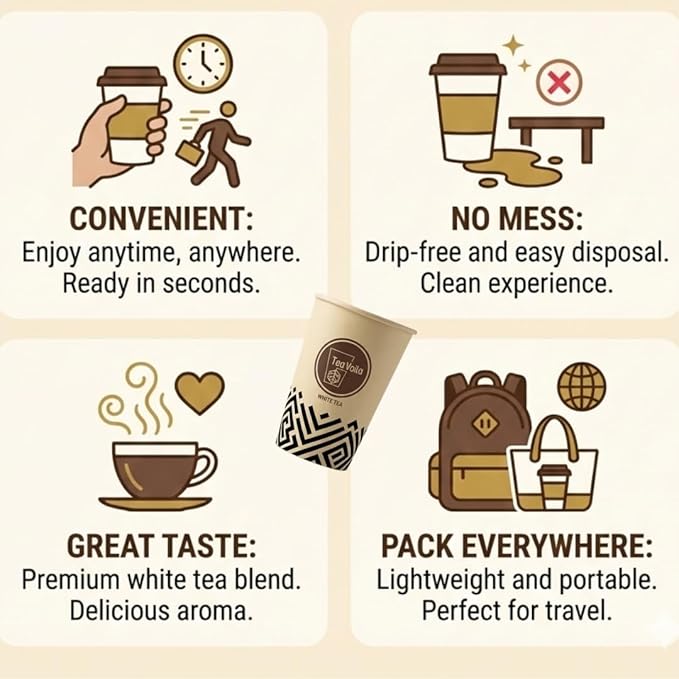 TeaVoila Instant Brew Tea in A Cup - Organic Loose Leaf Jasmine Green Tea – Tea Infuser Built In Biocompostable 6 Cups, Each Refillable 3x, 18 Servings in Total – No Tea Bags Needed, For Office & Travel