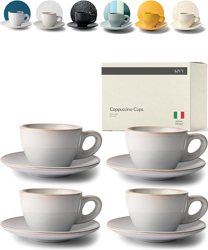 KIVY Cappuccino cups set [4x 8oz] - Thick-walled stoneware cappuccino cup set for latte art - Cappuccino coffee cups - Tazas de cafe - Latte cups - Ceramic latte art cup and saucer set of 4 - Grey - Bloomnest