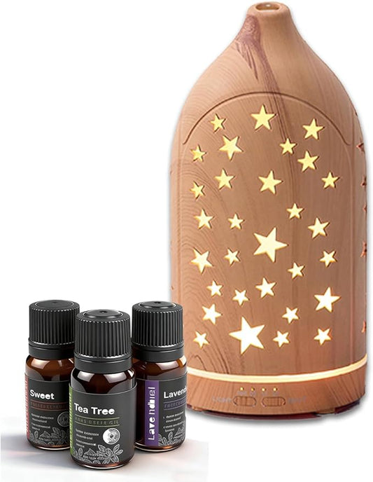 Essential Oil Diffuser,7.1''x3.5'' Diffusers with 3 Aromatherapy Oils Set,Small 200ml Desk Humidifier with 7 LED Colors Night Lights,Waterless Auto-Off for Office Home Decor Gift (Star) - Bloomnest
