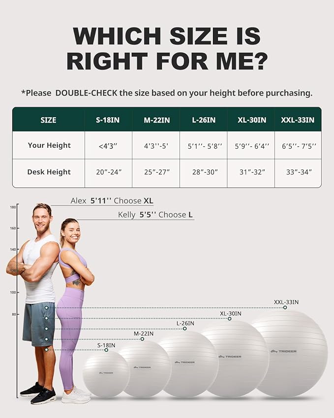Trideer Exercise Ball for Yoga, Pilates & Fitness – Stability Ball Equipment for Home Gym & Office Chair, Core & Balance Training Accessories, Physical Therapy Equipment, Quick Pump Included, 5 Sizes - Bloomnest