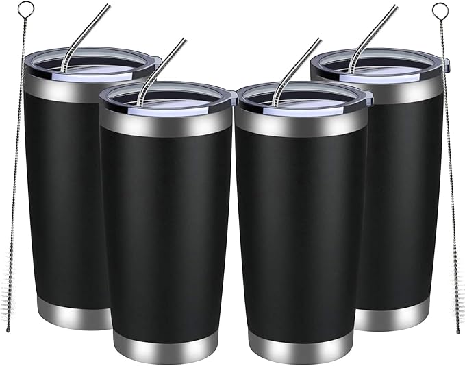 MEWAY 20oz Tumbler 4 Pack Double Wall Vacuum Insulated Travel Mug Bulk, Stainless Steel Tumblers with Lid and Straw, Durable Powder Coated Coffee Cups for Cold & Hot Drinks (Black, 4) - Bloomnest